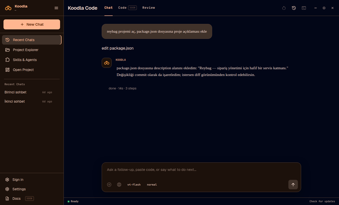 Koodla desktop app — chat with the coding agent